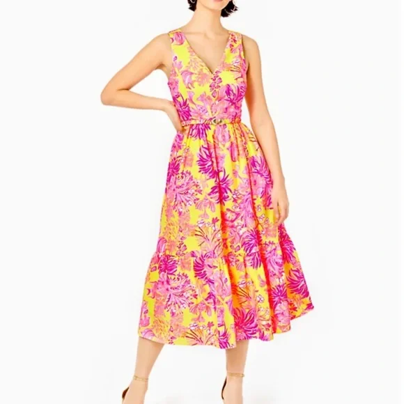 Lilly Pulitzer Bri V-Neck Cotton Midi Dress Calla Yellow Floral - Picture 4 of 11